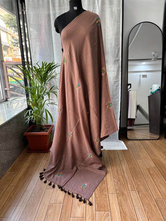 BROWN EMBROIDERED MUL SAREE