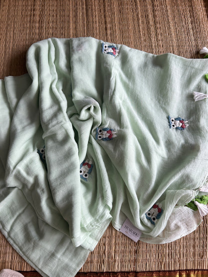 PASTEL GREEN OWL MUL SAREE