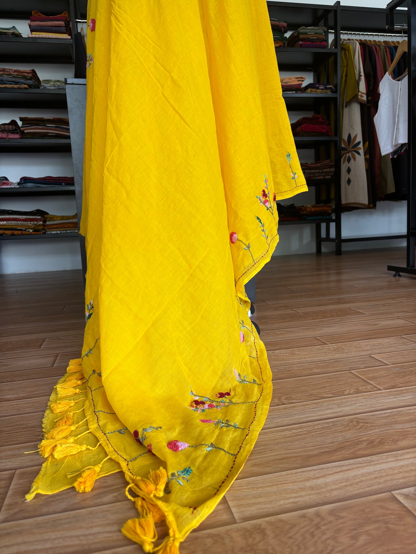 YELLOW EMBROIDERED MUL SAREE