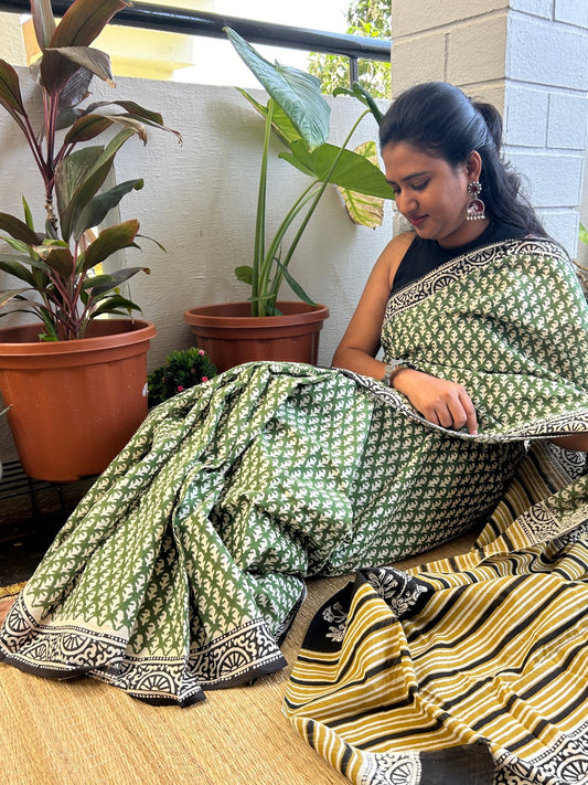 Green handblock mul cotton saree