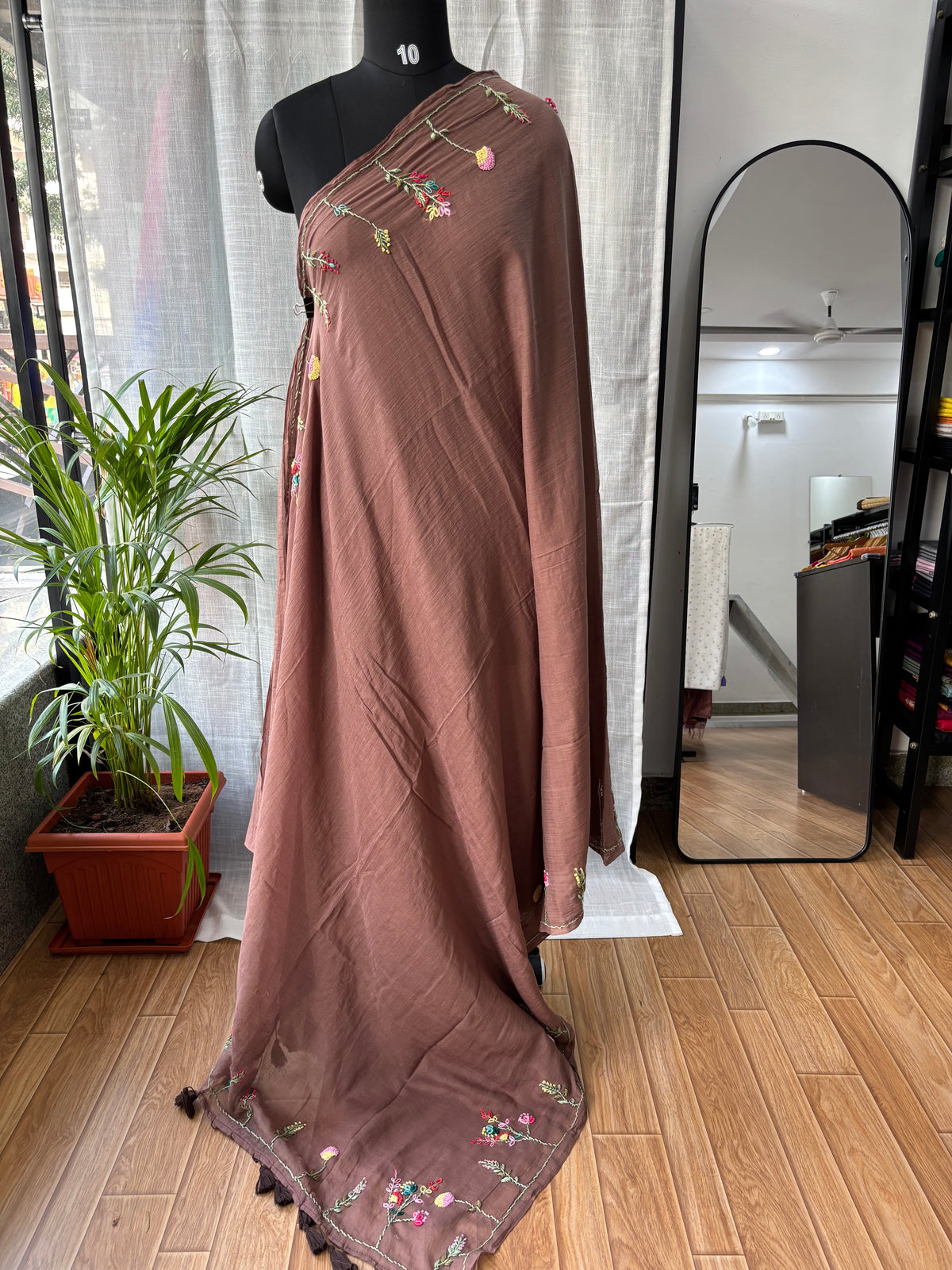 BROWN EMBROIDERED MUL SAREE