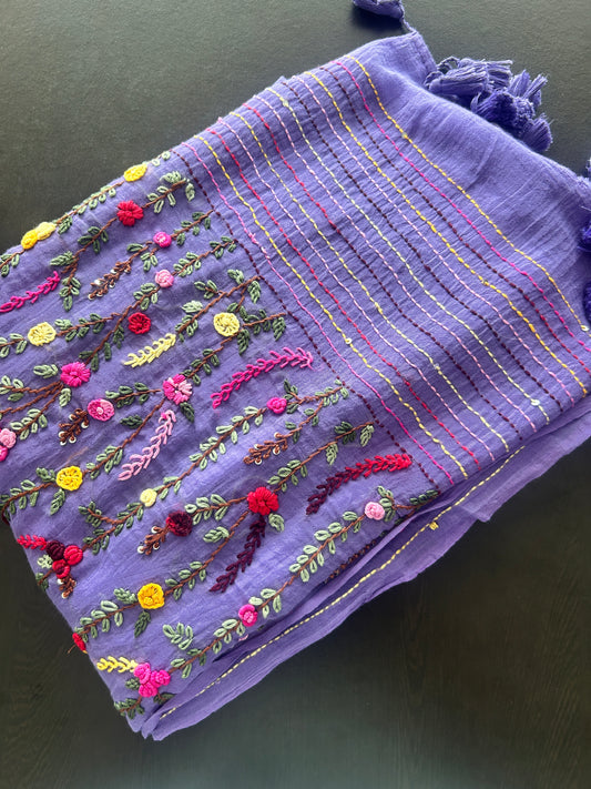 PURPLE EMBROIDERY MUL SAREE