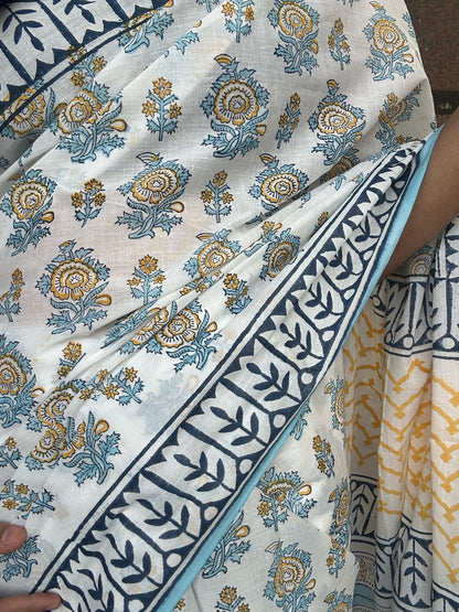 White handblock mulmul cotton saree