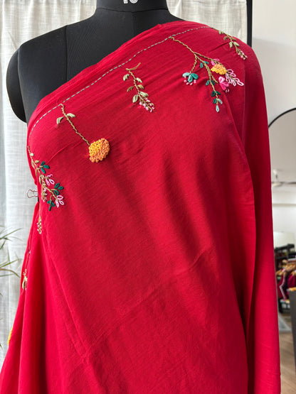RED EMBROIDERED MUL SAREE