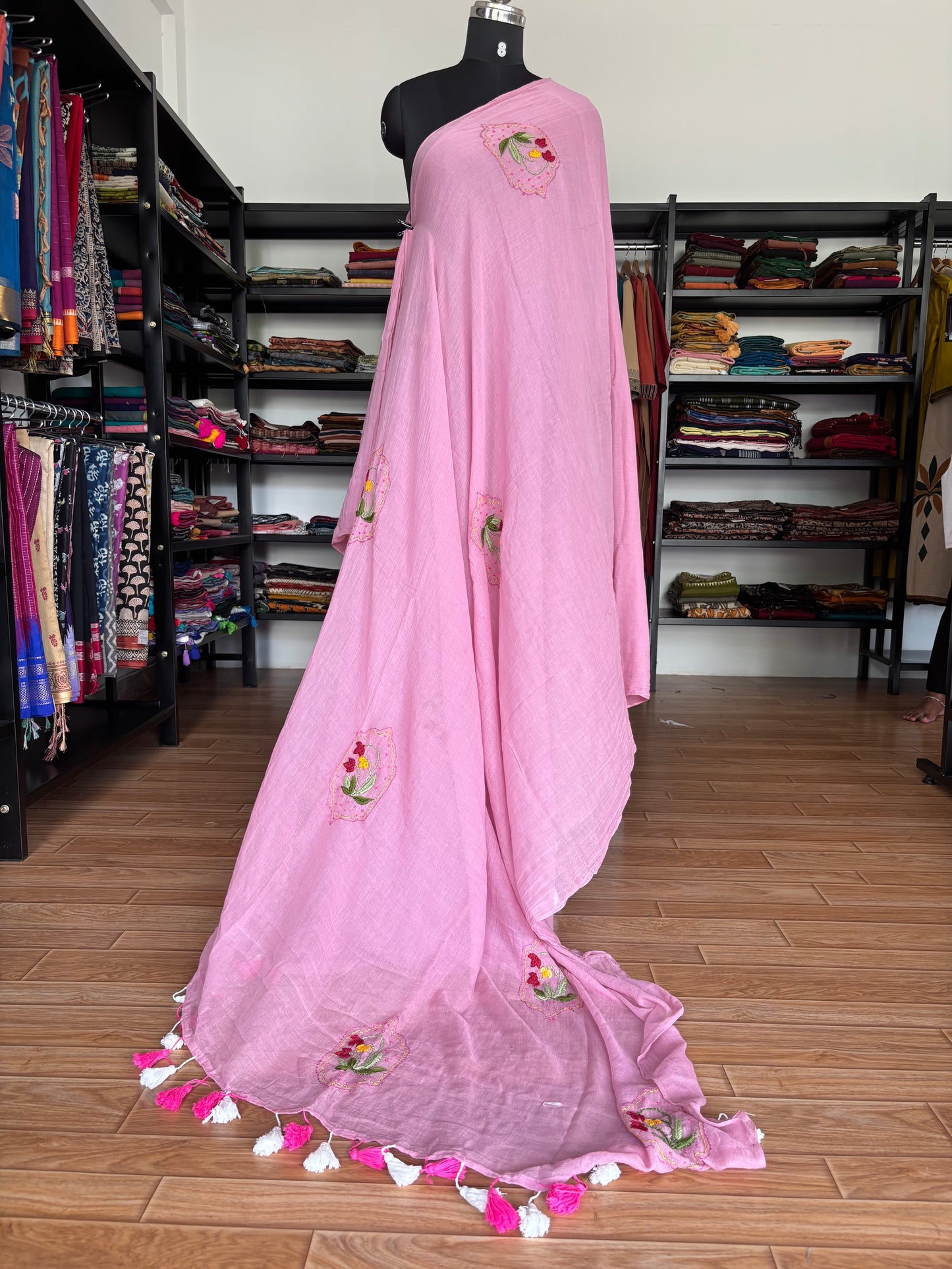 PINK EMBROIDERED MUL SAREE