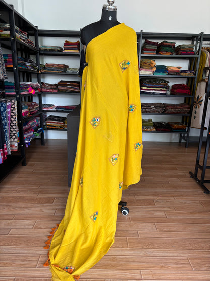 YELLOW EMBROIDERED MUL SAREE