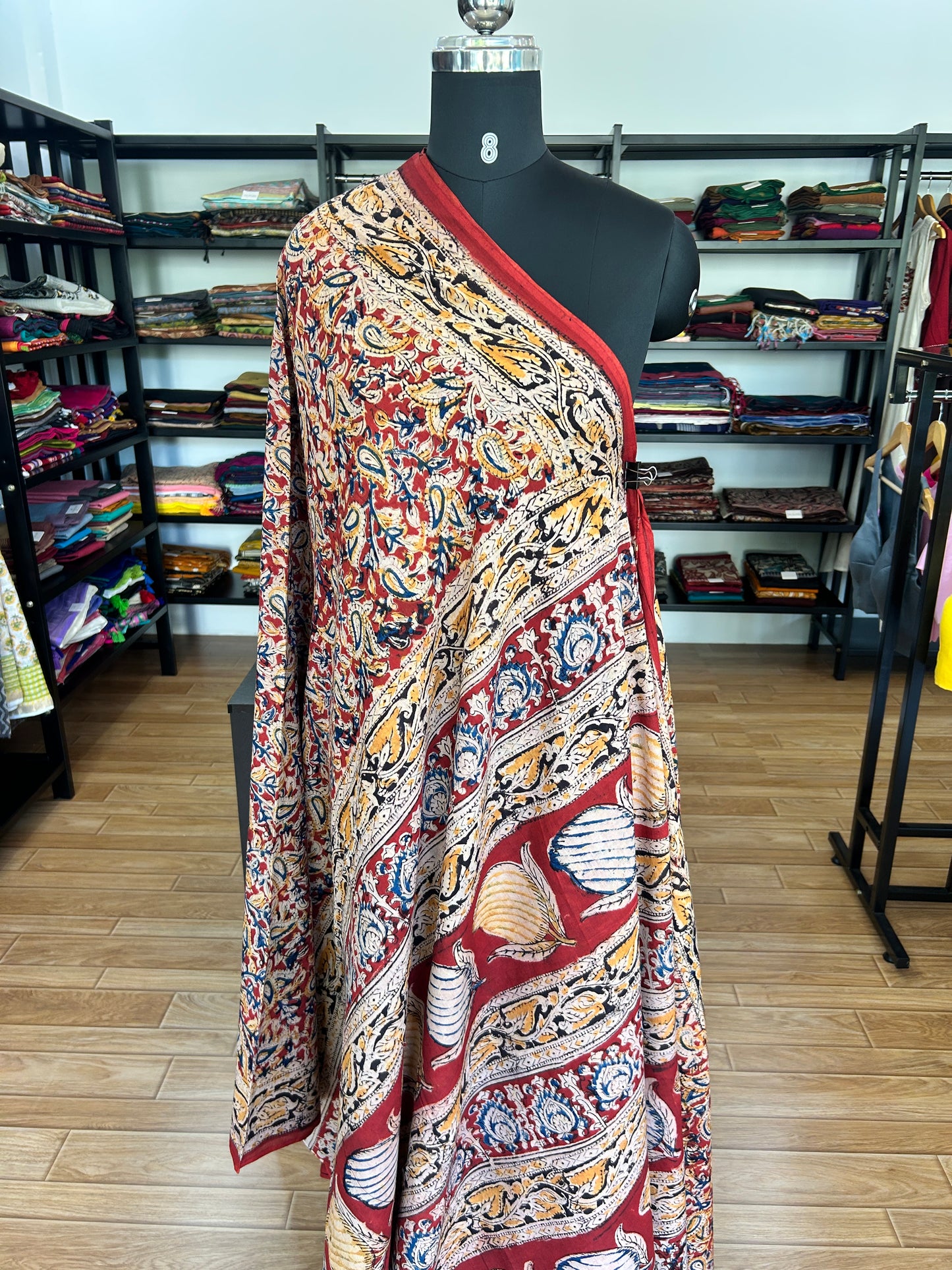 Red kalamkari mul saree