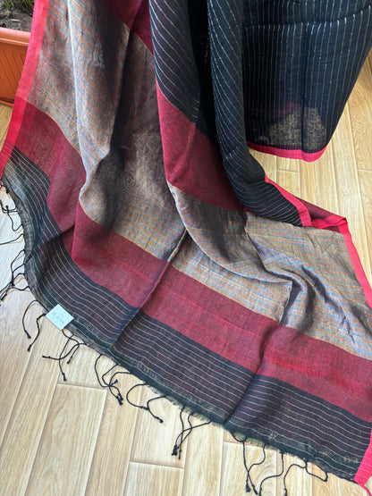 BLACK PURE LINEN SAREE