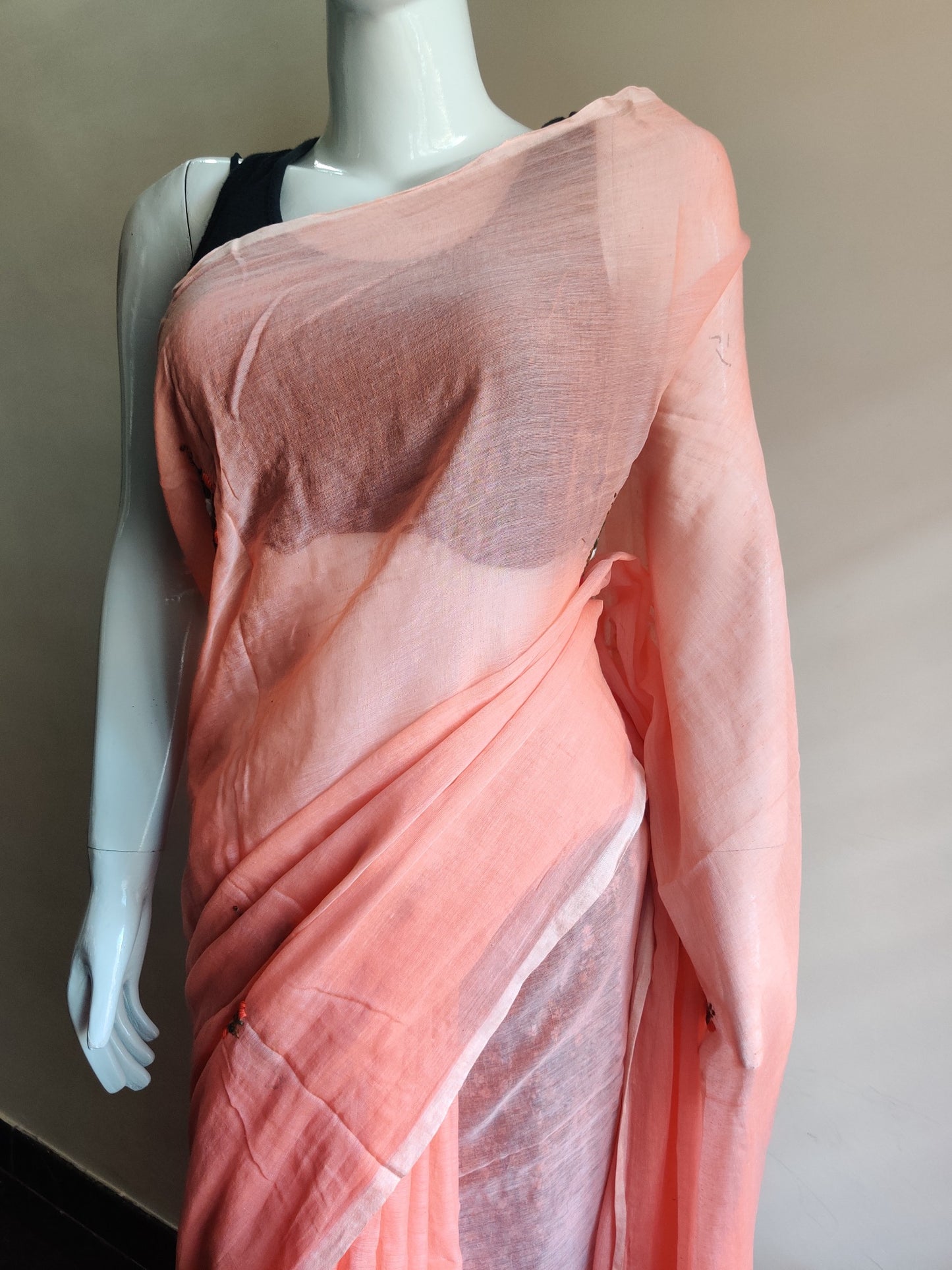 PINK HAND EMBROIDERED MUL SAREE