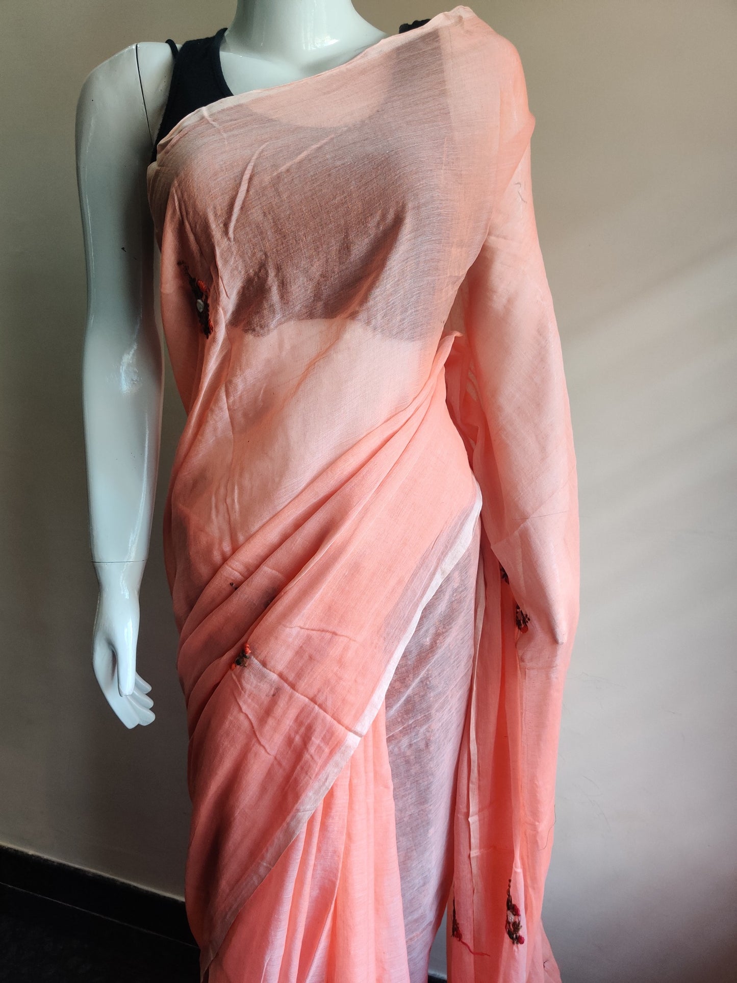 PINK HAND EMBROIDERED MUL SAREE