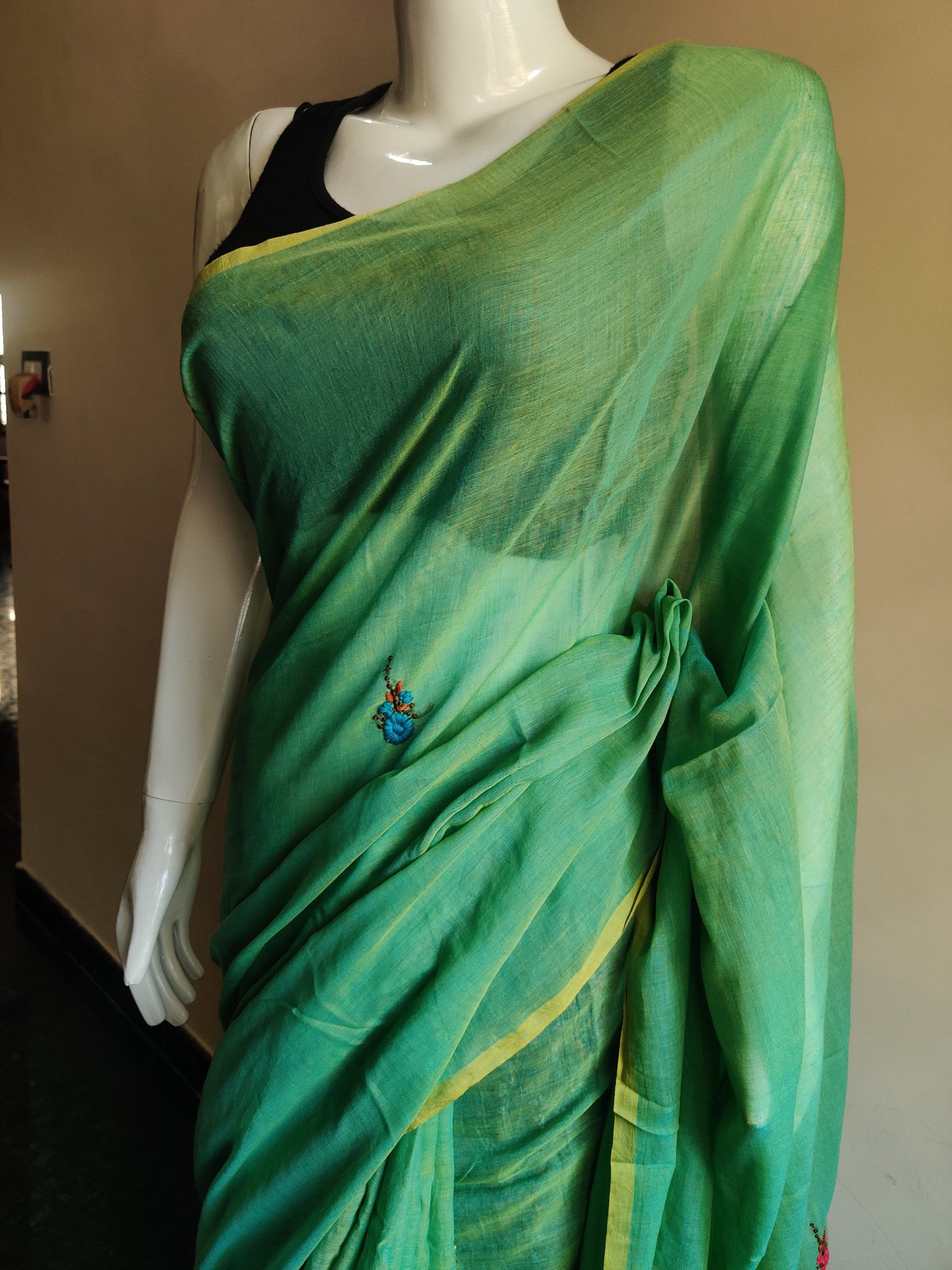 GREEN HAND EMBROIDERED MUL SAREE