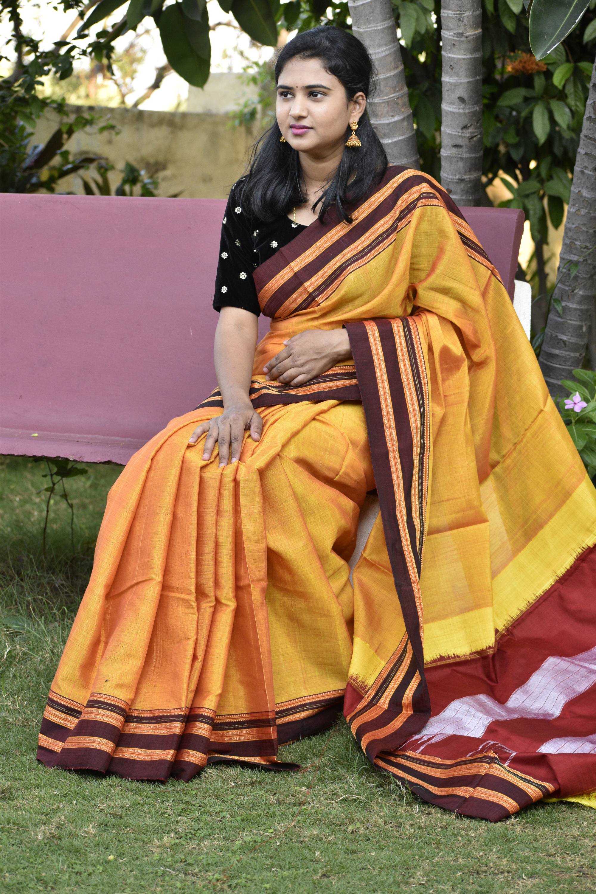 Green Chettinad Cotton Saree, contrast ganga jamuna border with zari designs  & pallu of stripes