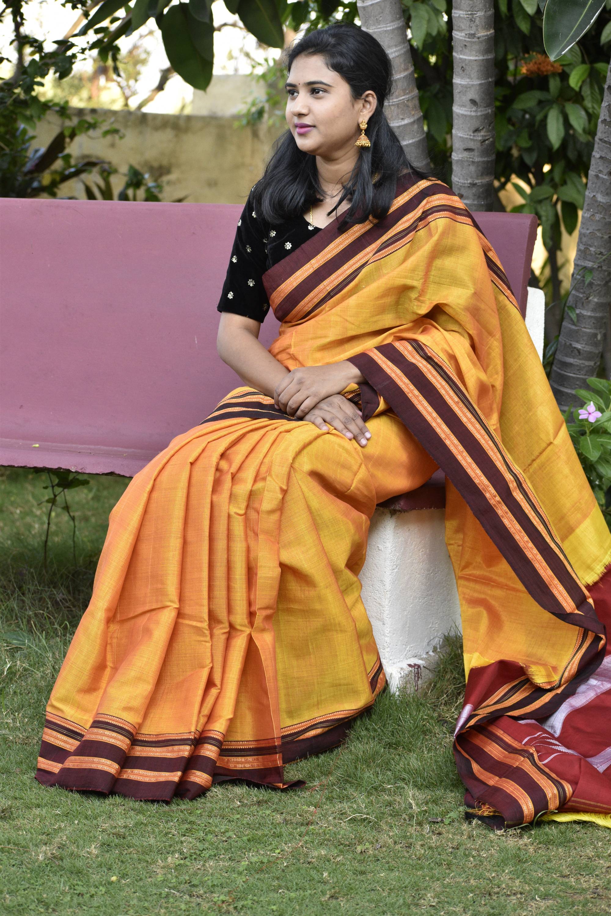 Purple Chiffon Silk Saree highlighted with Striped Body and contrast edging  - Mirra Clothing