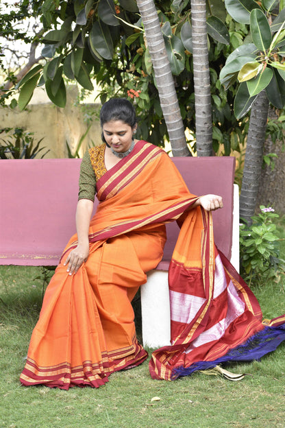 ORANGE HANDLOOM ILKAL SAREE.